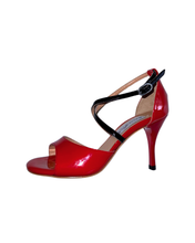 画像をギャラリービューアに読み込む, RED x BLACK PATENT LEATHER HEEL SANDALS<br>(レッド x ブラックパテントレザー ヒールサンダル)