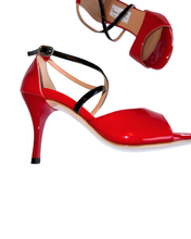 画像をギャラリービューアに読み込む, RED x BLACK PATENT LEATHER HEEL SANDALS<br>(レッド x ブラックパテントレザー ヒールサンダル)