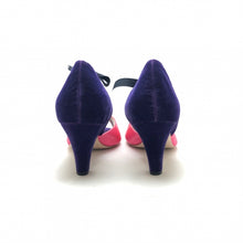 画像をギャラリービューアに読み込む, PURPLE LEOPARD PEEP TOE LOW HEEL SANDALS<br>(パープルレオパード ピープトゥ ローヒール リボンストラップ サンダル)