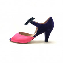 画像をギャラリービューアに読み込む, PURPLE LEOPARD PEEP TOE LOW HEEL SANDALS<br>(パープルレオパード ピープトゥ ローヒール リボンストラップ サンダル)