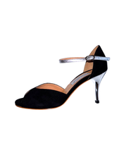 画像をギャラリービューアに読み込む, BLACK x SILVER HEEL SANDALS (ブラック &amp; シルバー ヒール ストラップ サンダル)
