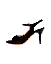 画像をギャラリービューアに読み込む, BLACK SUEDE HEEL SANDALS (ブラック スエード ヒール リボンストラップ サンダル)
