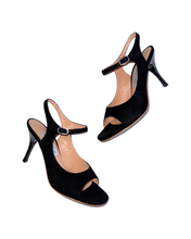 画像をギャラリービューアに読み込む, BLACK SUEDE HEEL SANDALS (ブラック スエード ヒール リボンストラップ サンダル)
