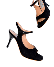 画像をギャラリービューアに読み込む, BLACK SUEDE HEEL SANDALS (ブラック スエード ヒール リボンストラップ サンダル)
