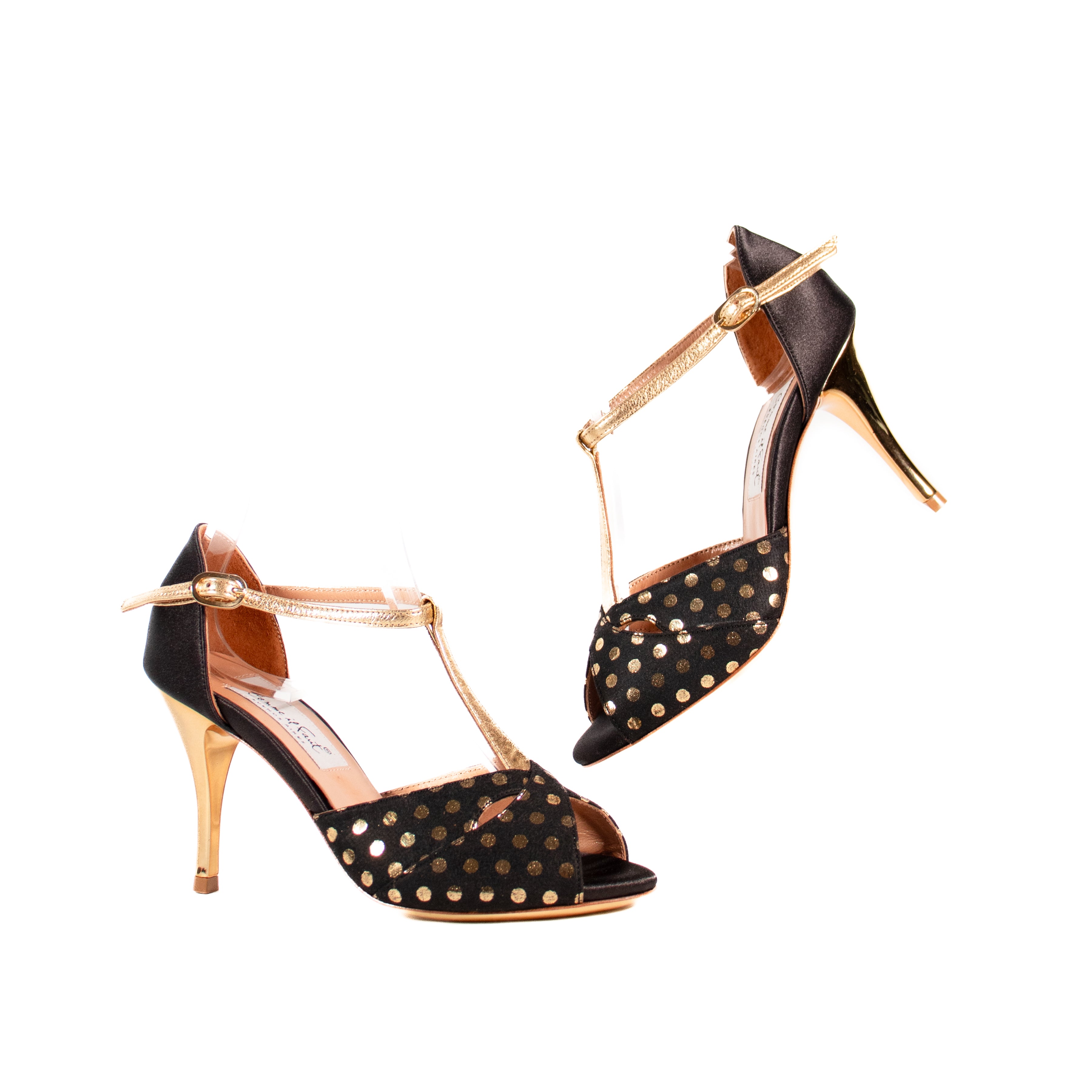 GOLD POLKADOT BLACK T-STRAP SANDALS, (ゴールド ポルカドット ブラックTストラップ サンダル)